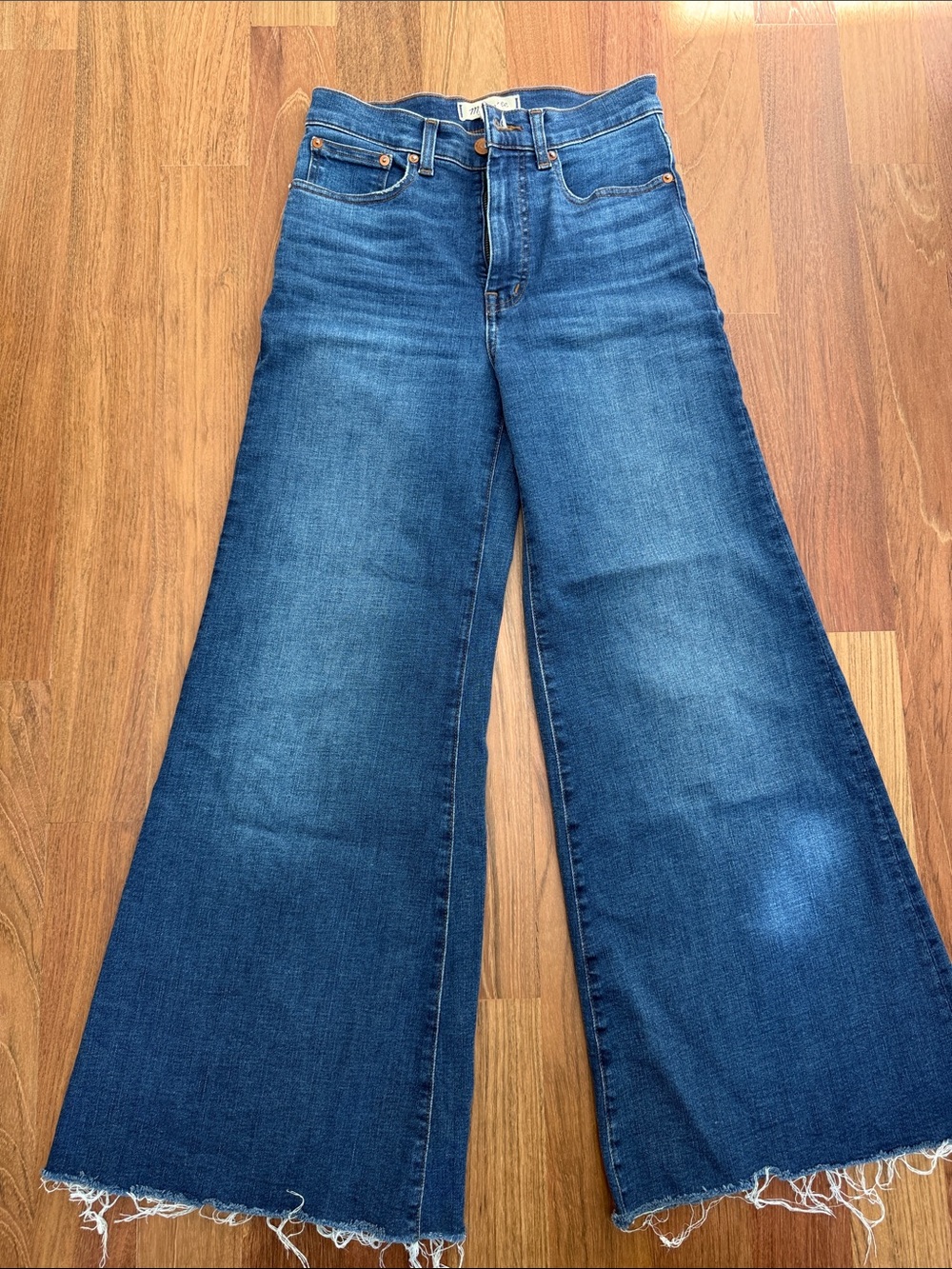 Madewell Dark Blue High-Rise Wide-Leg Jeans with Frayed Hem